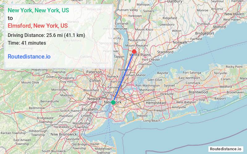 Route map from New York to Elmsford