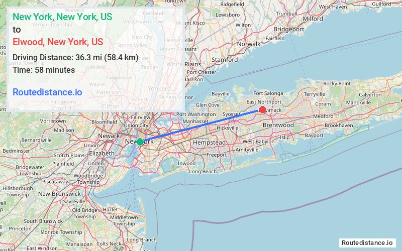 Route map from New York to Elwood