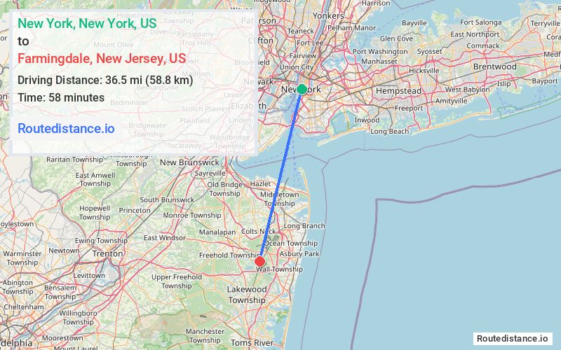 Route map from New York to Farmingdale