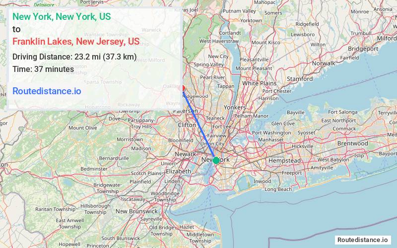 Route map from New York to Franklin Lakes