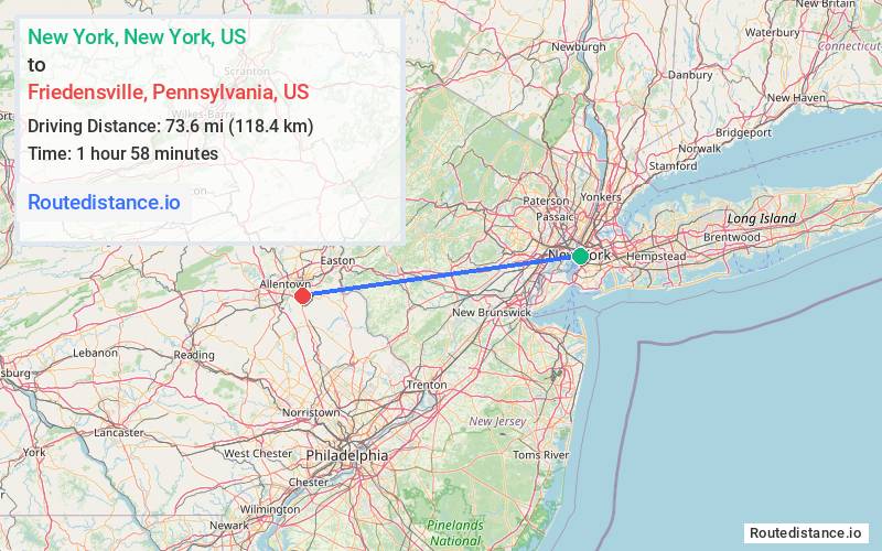 Route map from New York to Friedensville