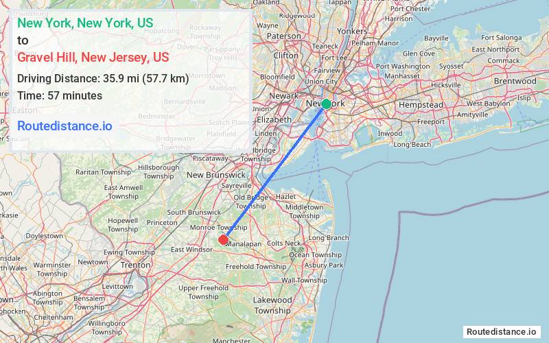 Route map from New York to Gravel Hill