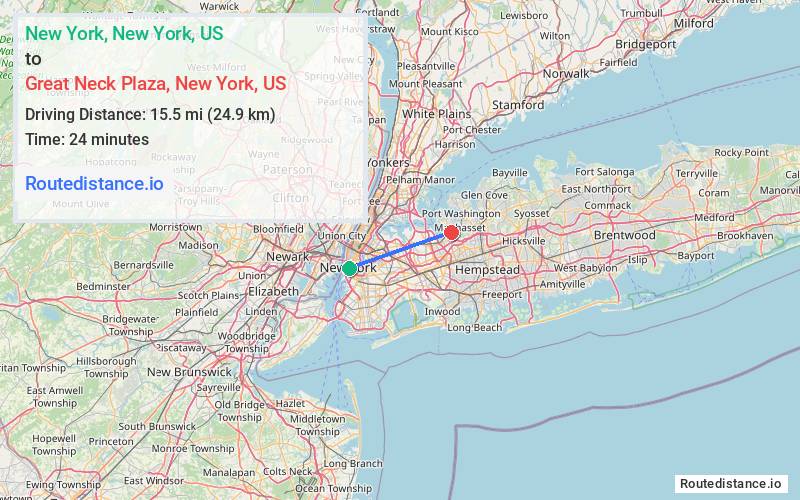 Distance from New York to Great Neck Plaza