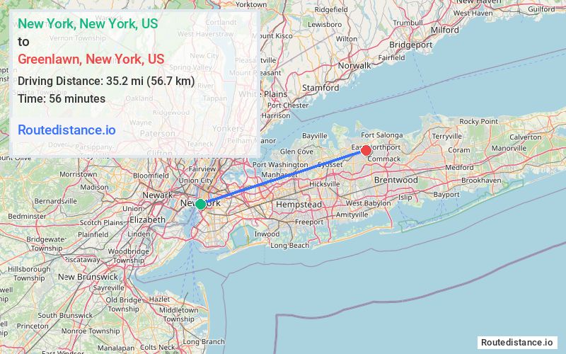Route map from New York to Greenlawn