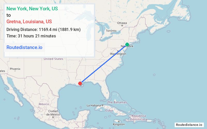 Route map from New York to Gretna