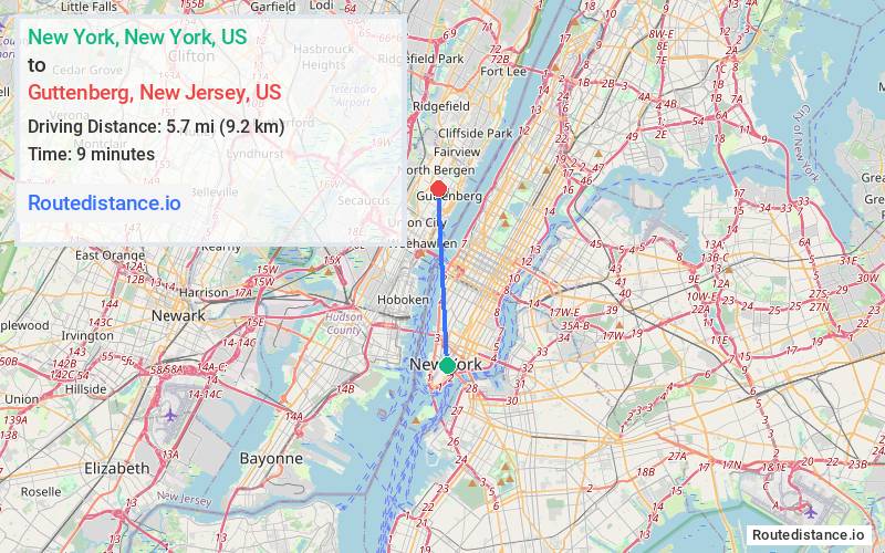 Route map from New York to Guttenberg