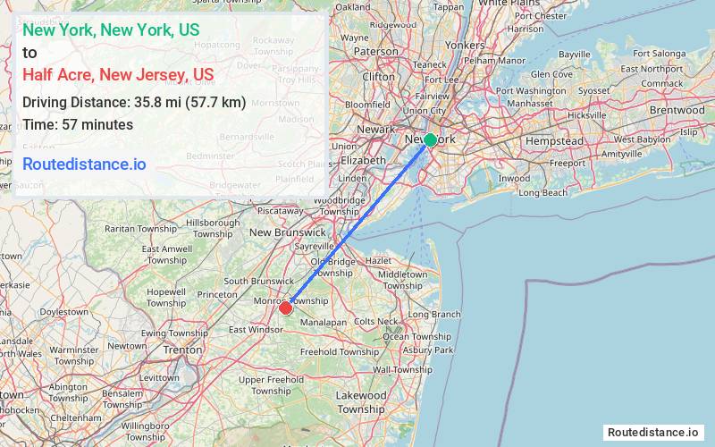 Distance from New York to Half Acre