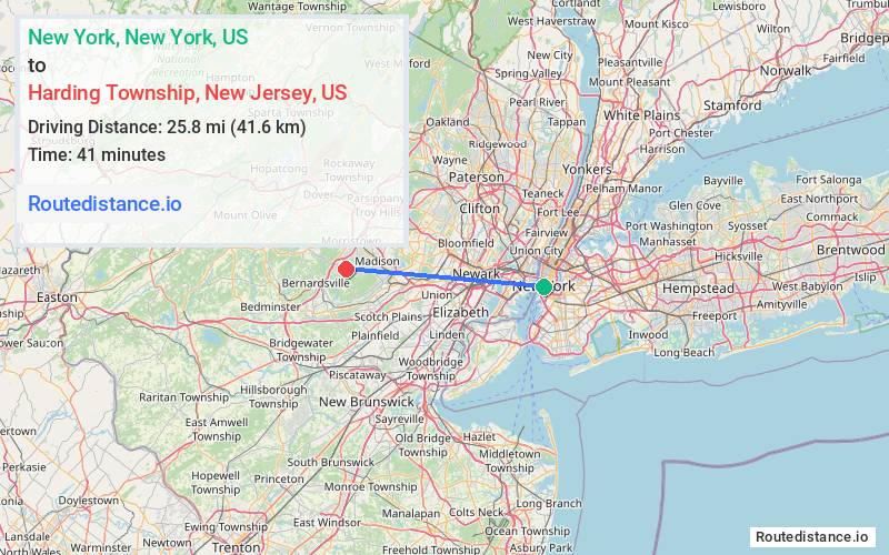 Route map from New York to Harding Township