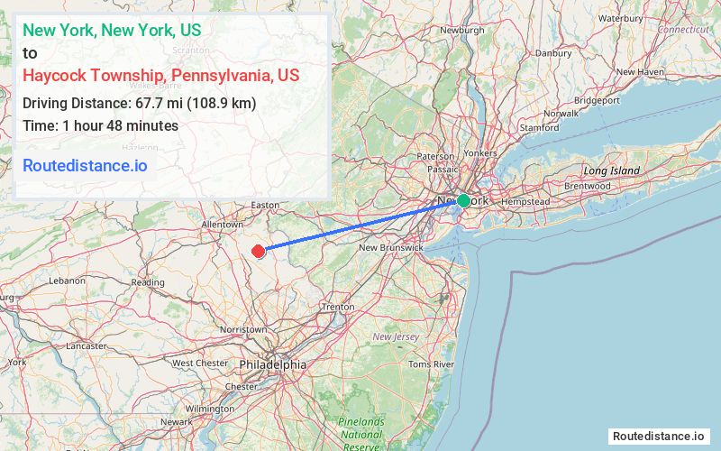 Route map from New York to Haycock Township