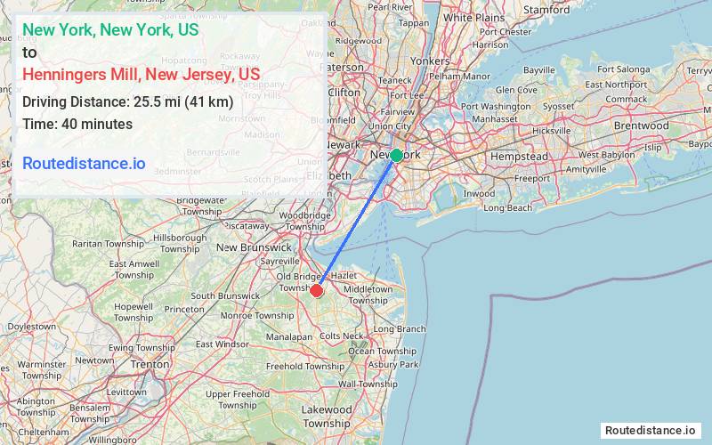 Route map from New York to Henningers Mill