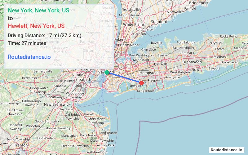 Route map from New York to Hewlett