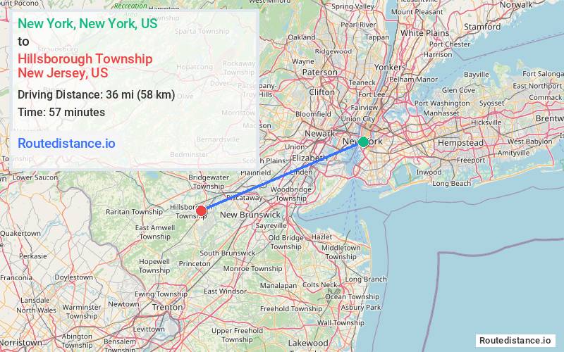 Route map from New York to Hillsborough Township