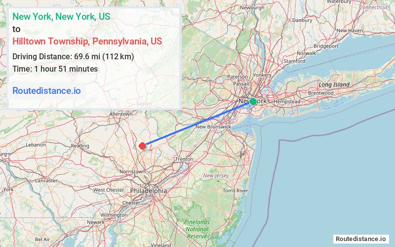 Route map from New York to Hilltown Township