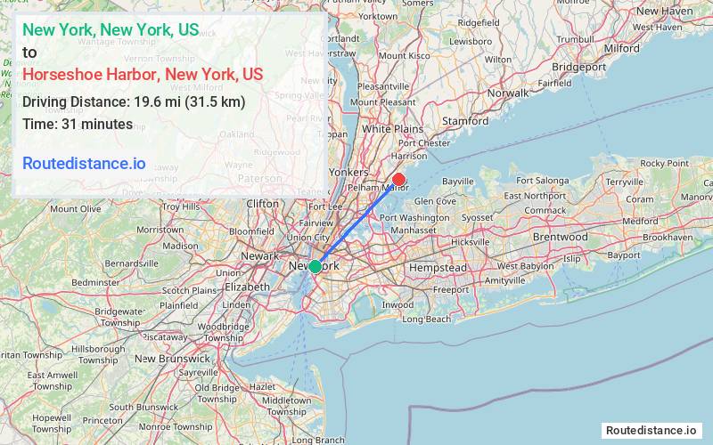 Route map from New York to Horseshoe Harbor