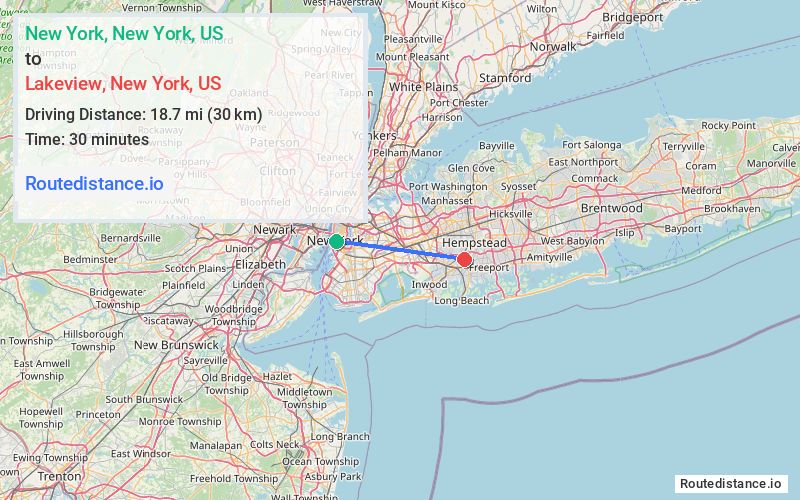 Route map from New York to Lakeview