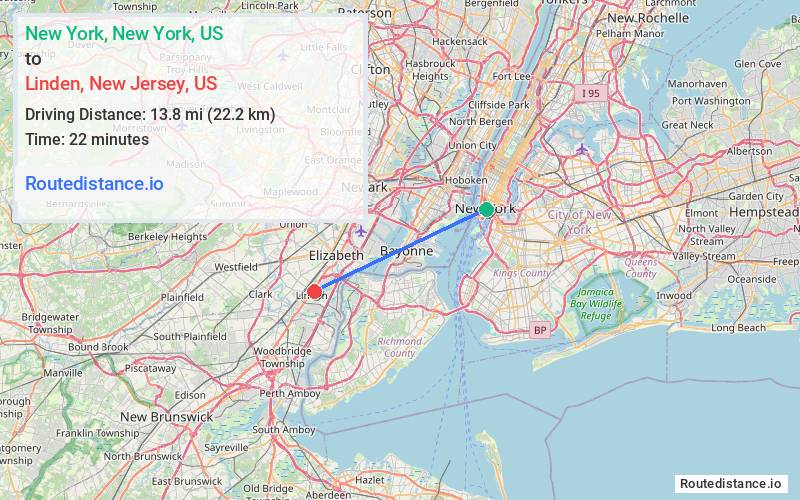Route map from New York to Linden