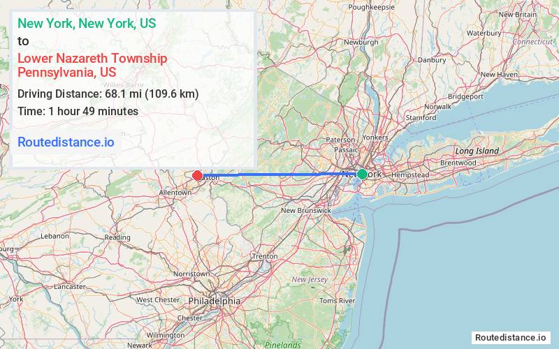 Route map from New York to Lower Nazareth Township