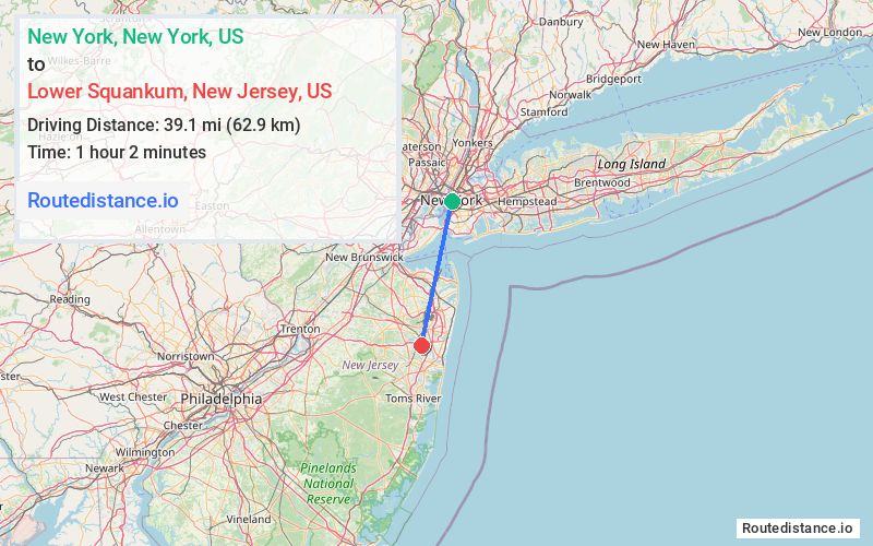 Distance from New York to Lower Squankum
