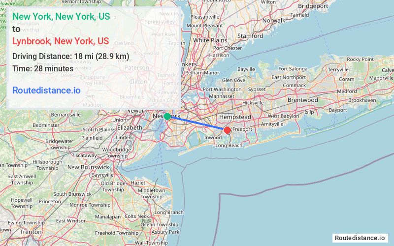 Route map from New York to Lynbrook