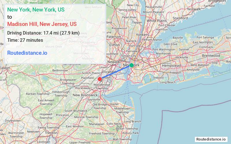 Route map from New York to Madison Hill