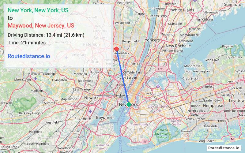 Route map from New York to Maywood