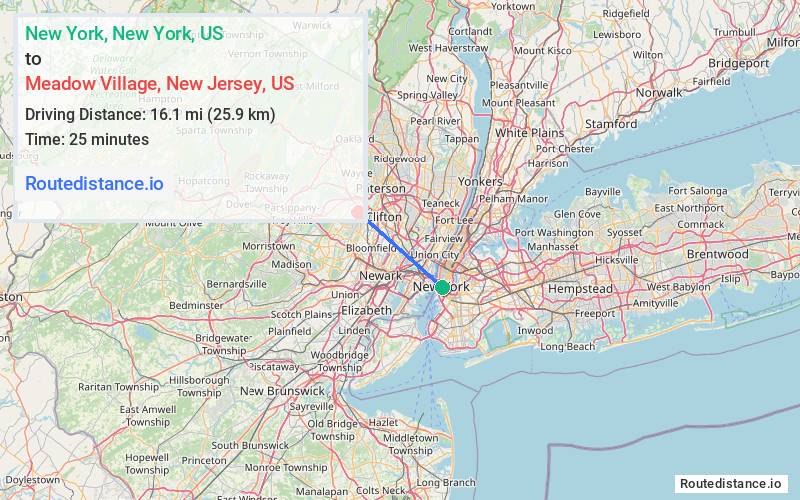 Route map from New York to Meadow Village