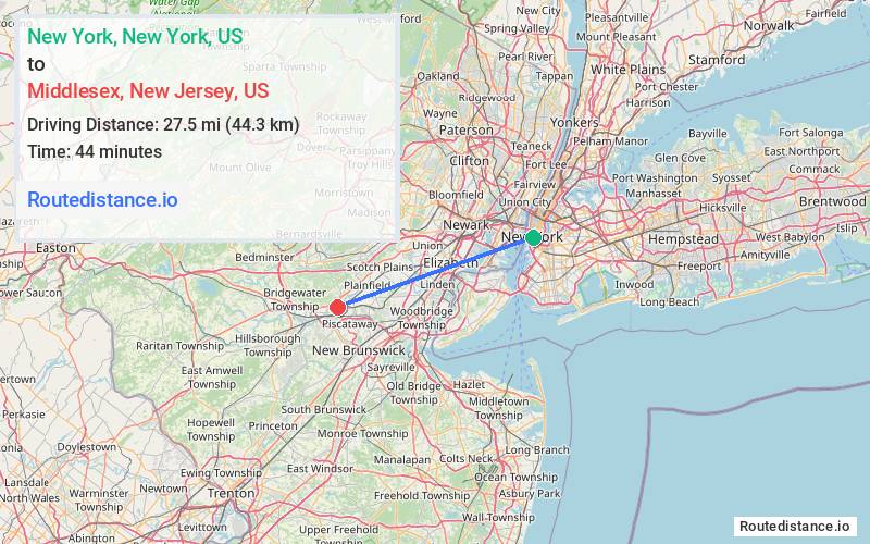 Route map from New York to Middlesex