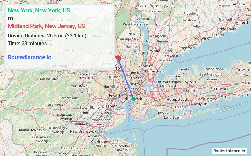 Route map from New York to Midland Park