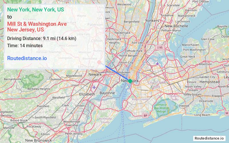 Route map from New York to Mill St & Washington Ave