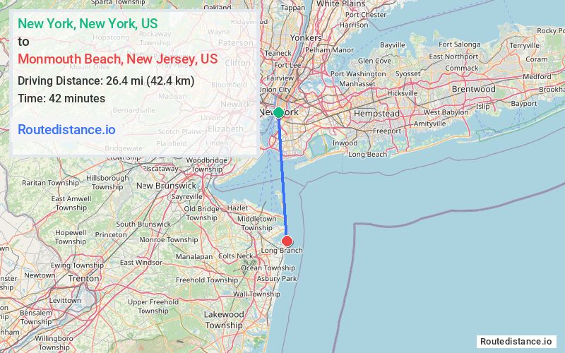 Route map from New York to Monmouth Beach