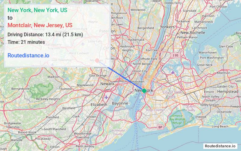 Route map from New York to Montclair