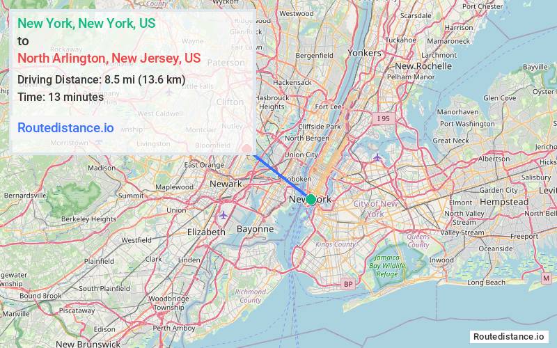 Distance from New York to North Arlington