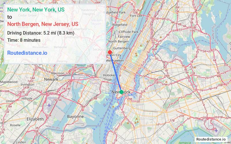 Route map from New York to North Bergen