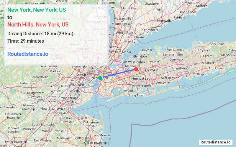 Route map from New York to North Hills