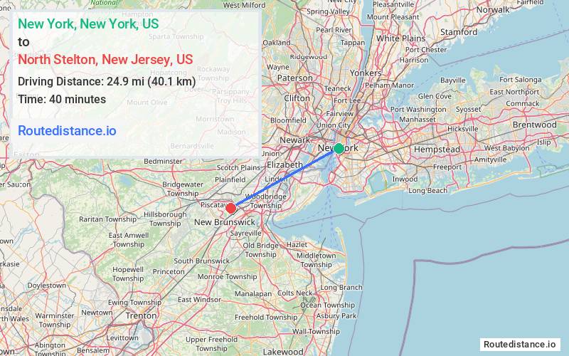 Route map from New York to North Stelton