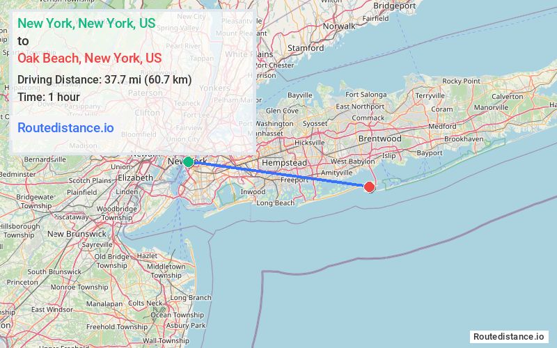 Route map from New York to Oak Beach