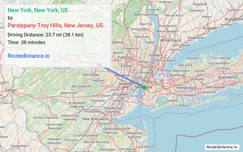 Route map from New York to Parsippany-Troy Hills