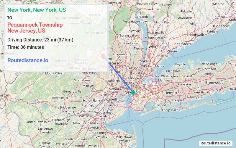 Route map from New York to Pequannock Township