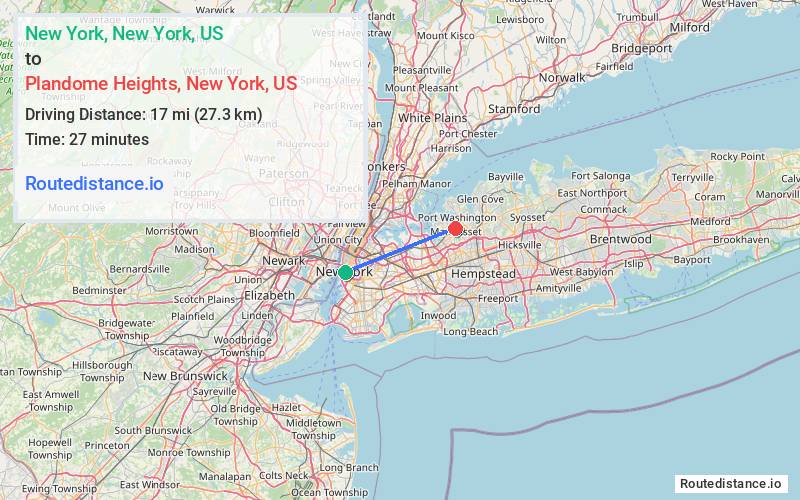 Route map from New York to Plandome Heights