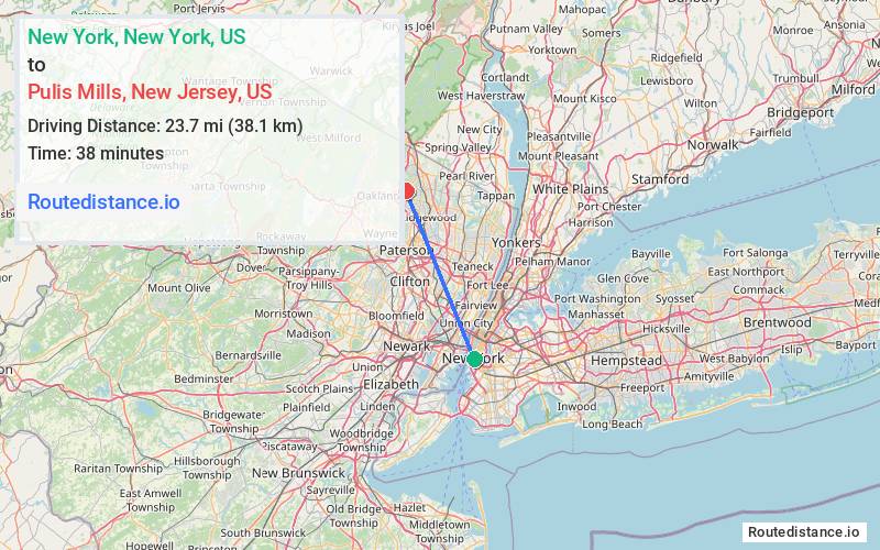 Route map from New York to Pulis Mills