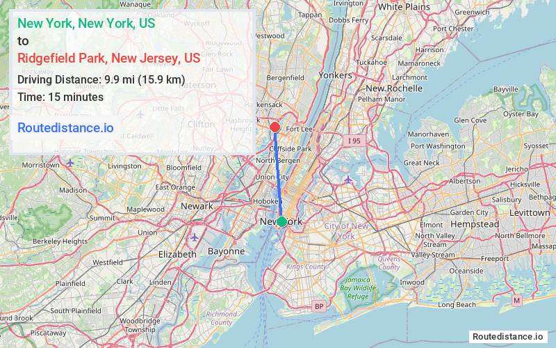 Route map from New York to Ridgefield Park
