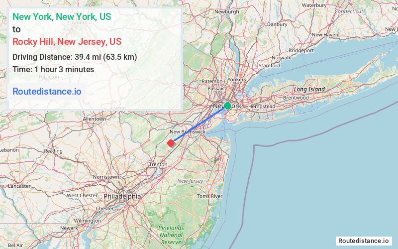 Route map from New York to Rocky Hill