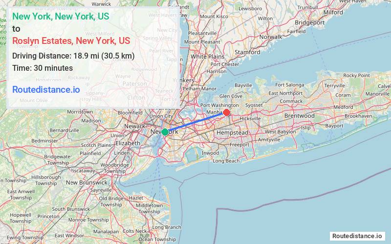 Distance from New York to Roslyn Estates