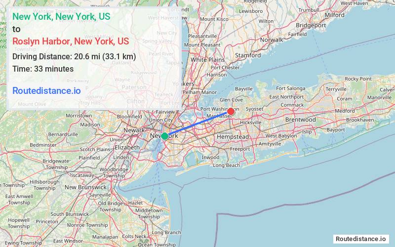 Route map from New York to Roslyn Harbor