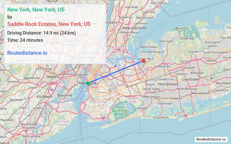 Route map from New York to Saddle Rock Estates