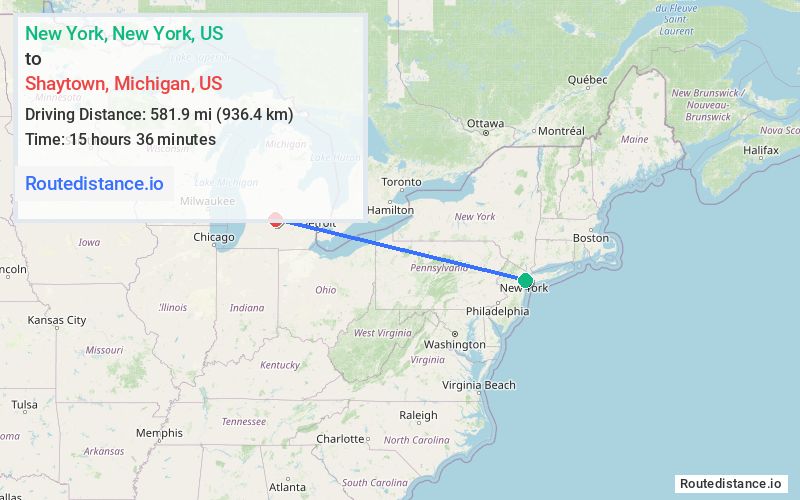 Route map from New York to Shaytown