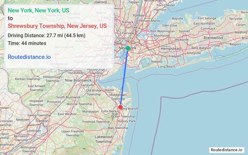 Route map from New York to Shrewsbury Township