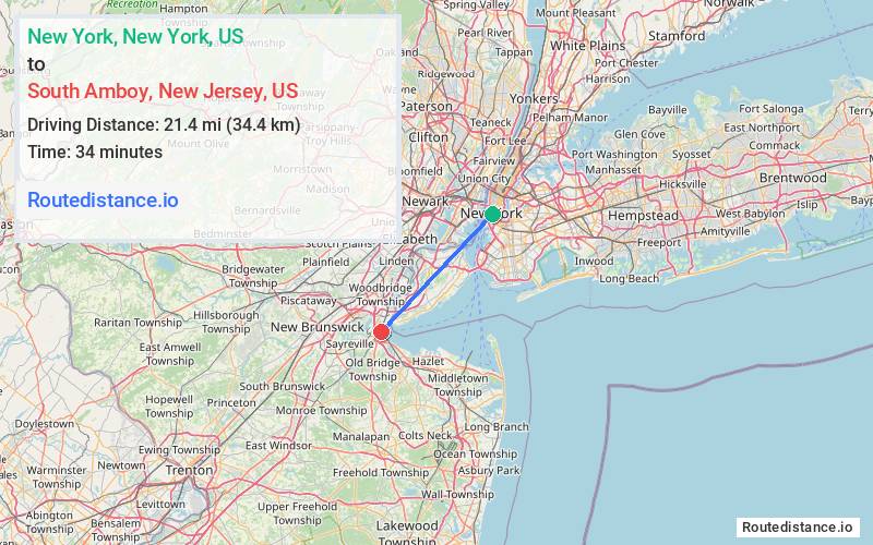 Route map from New York to South Amboy