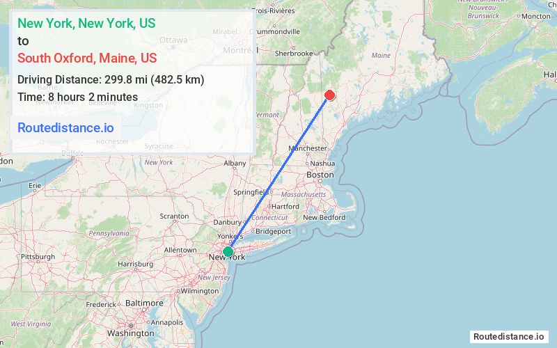 Route map from New York to South Oxford