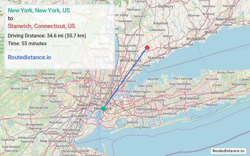 Route map from New York to Stanwich